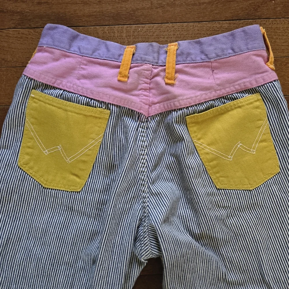 1960s Wranglers Colorblock Flare 26" Waist Women Pinstripe Denim Mod Retro Vtg - Picture 1 of 12
